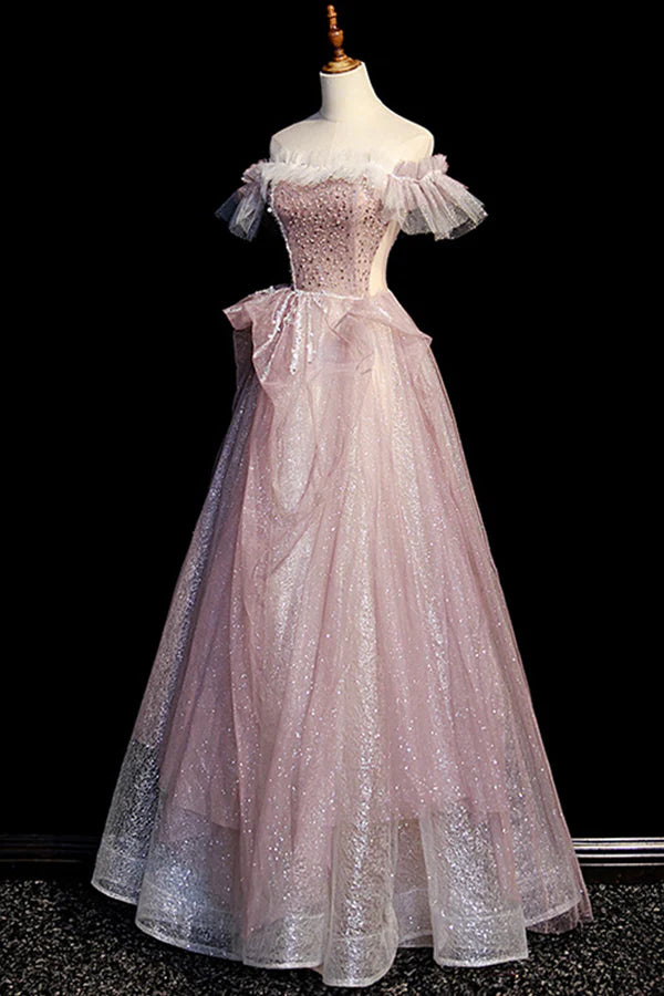 Pink Sequins Long A-Line Prom Dress Off the Shoulder Evening Party Dress
