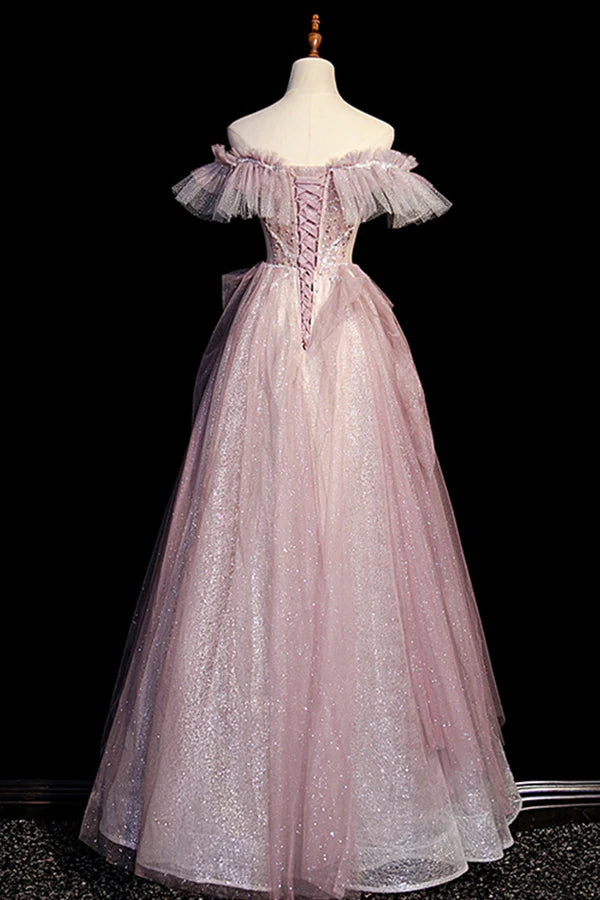 Pink Sequins Long A-Line Prom Dress Off the Shoulder Evening Party Dress