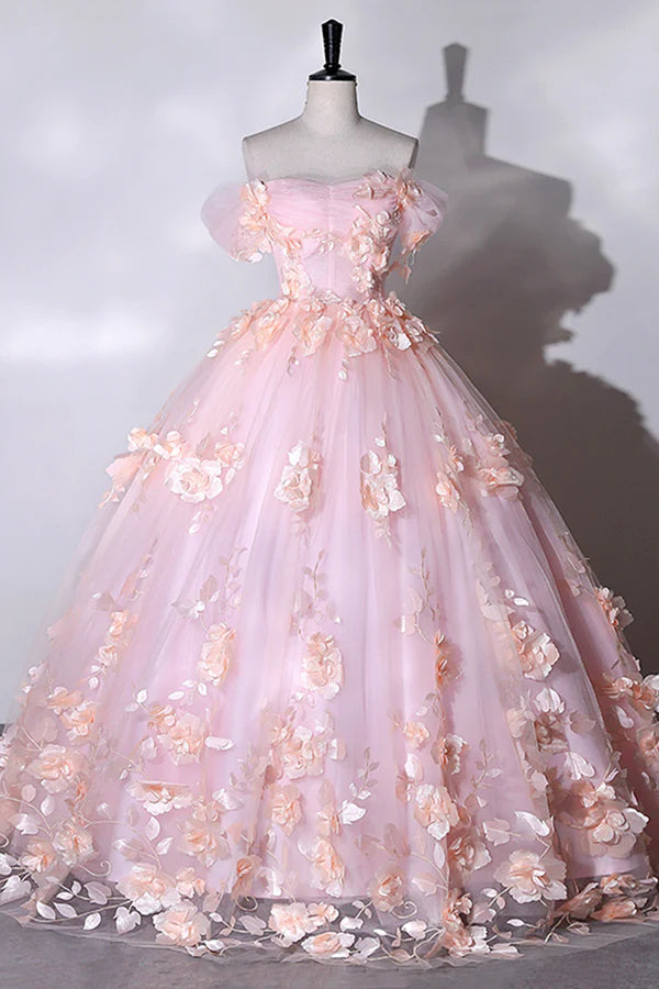 Pink Flowers Sweetheart Ball Gown Formal Dresses Pink Long Sweet 16 Dresses