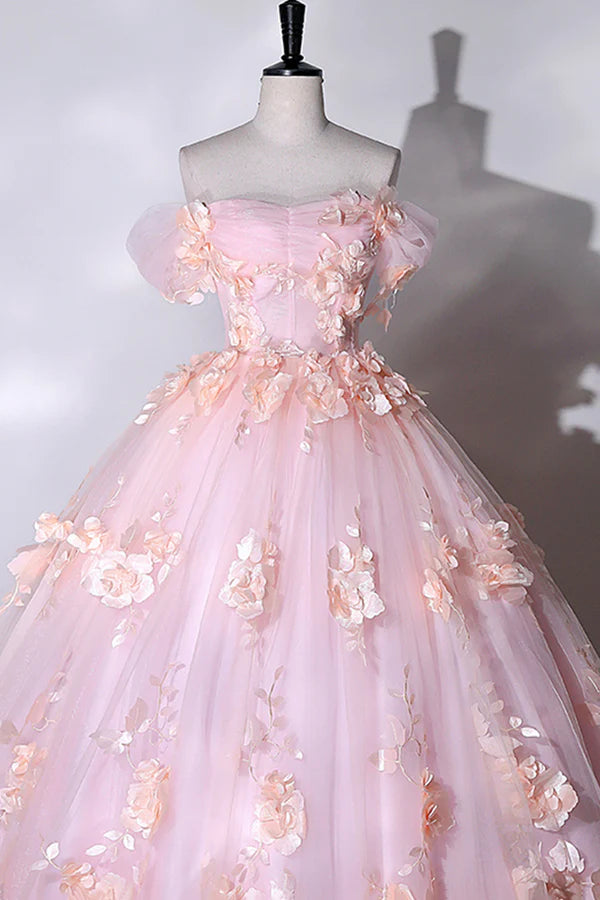 Pink Flowers Sweetheart Ball Gown Formal Dresses Pink Long Sweet 16 Dresses