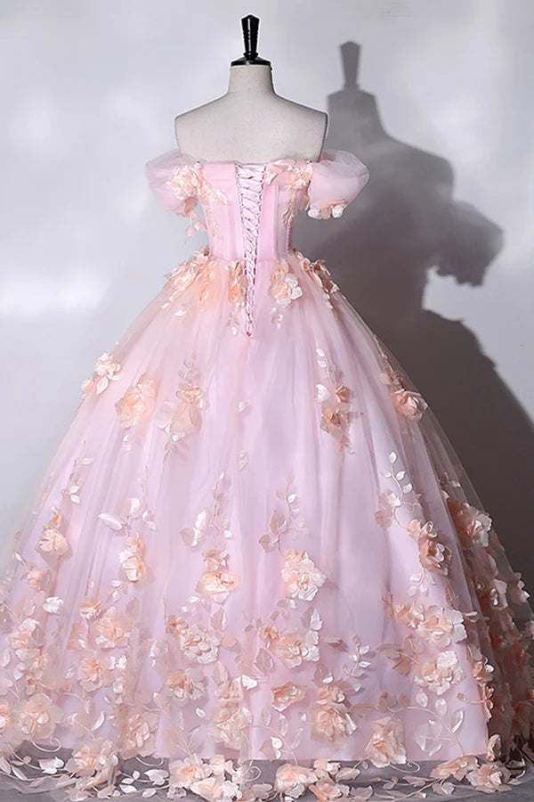 Pink Flowers Sweetheart Ball Gown Formal Dresses Pink Long Sweet 16 Dresses