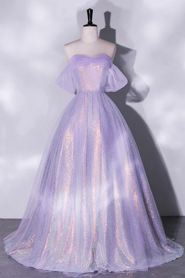 Purple Sequins Long A-Line Prom Dress Off the Shoulder Evening Party Dress