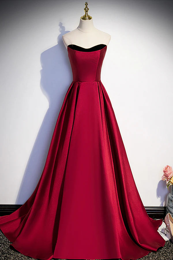 Burgundy Satin Long Prom Dress Simple A-Line Evening Party Dress