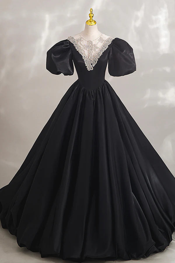 Black Ball Gown with Beaded Black Short Sleeve Formal Evening Dress