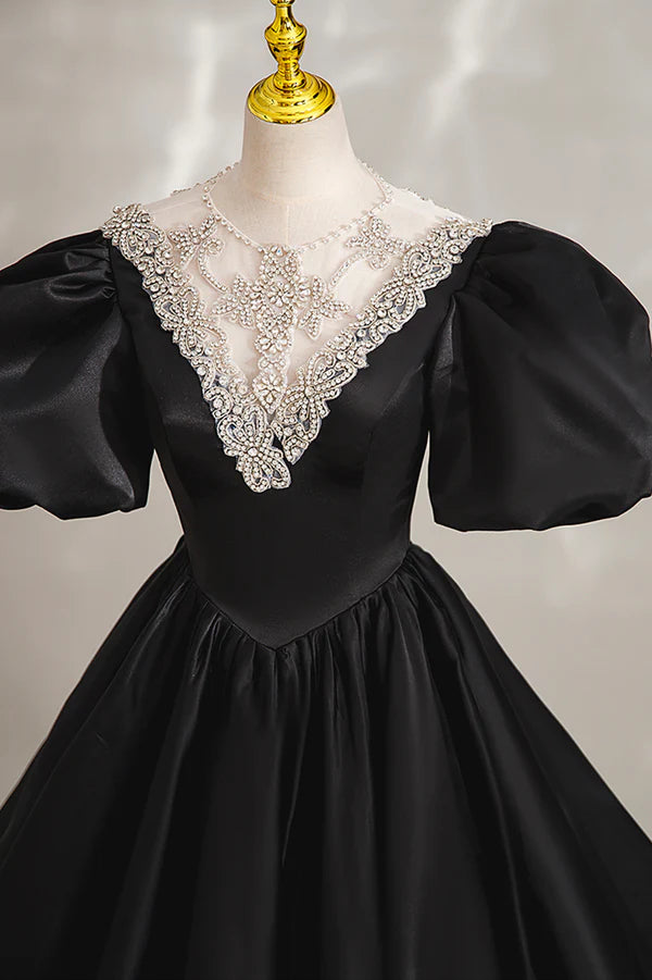 Black Ball Gown with Beaded Black Short Sleeve Formal Evening Dress