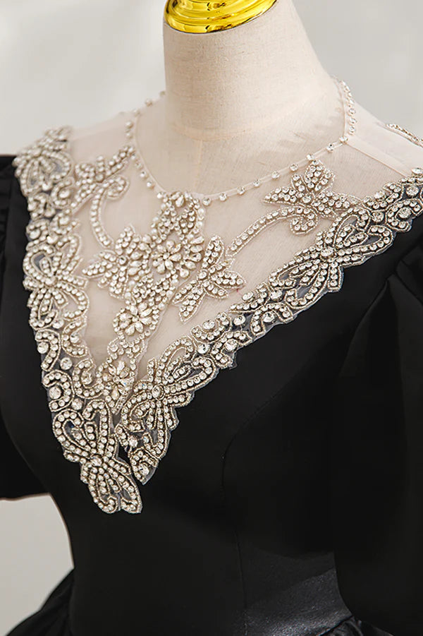 Black Ball Gown with Beaded Black Short Sleeve Formal Evening Dress