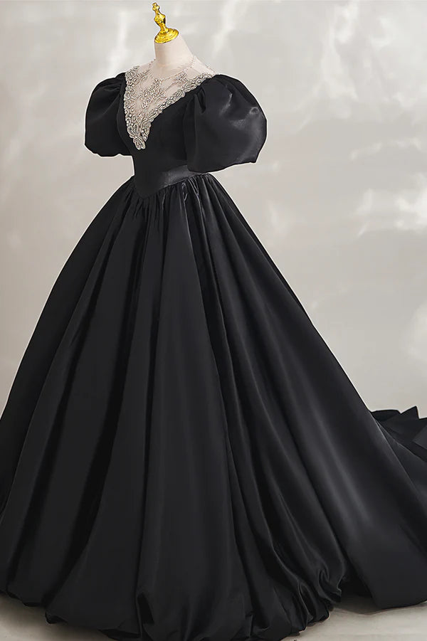 Black Ball Gown with Beaded Black Short Sleeve Formal Evening Dress