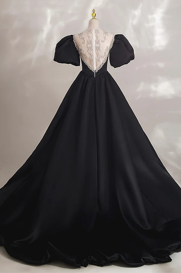 Black Ball Gown with Beaded Black Short Sleeve Formal Evening Dress