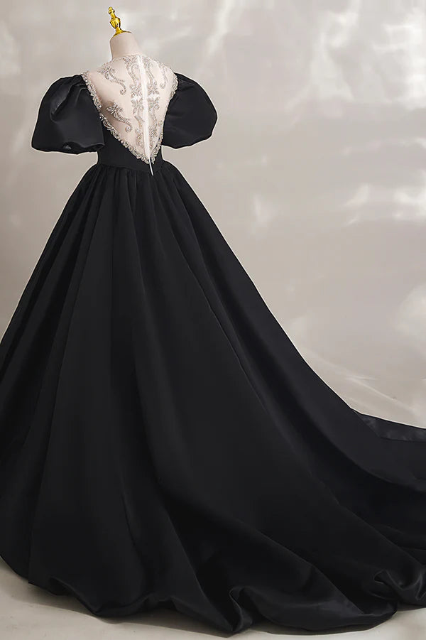Black Ball Gown with Beaded Black Short Sleeve Formal Evening Dress
