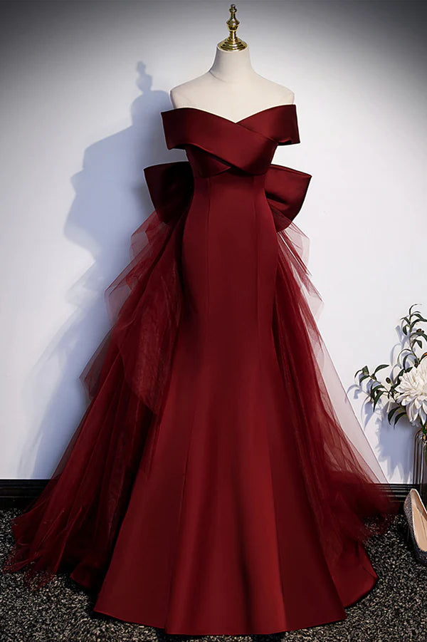 Burgundy Mermaid Long Prom Dress Off the Shoulder V-Neck Formal Evening Dress