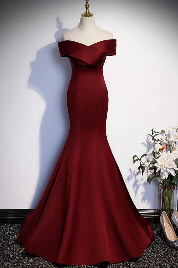 Burgundy Mermaid Long Prom Dress Off the Shoulder V-Neck Formal Evening Dress