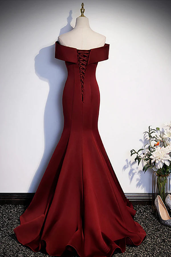Burgundy Mermaid Long Prom Dress Off the Shoulder V-Neck Formal Evening Dress