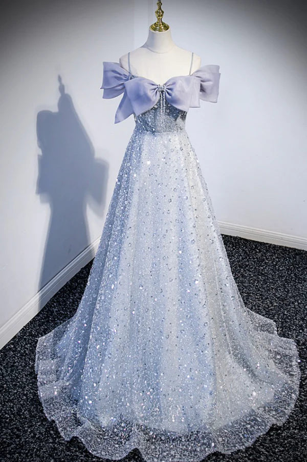 Gray Tulle Beaded Long Prom Dress Off the Shoulder Evening Dress with Bow