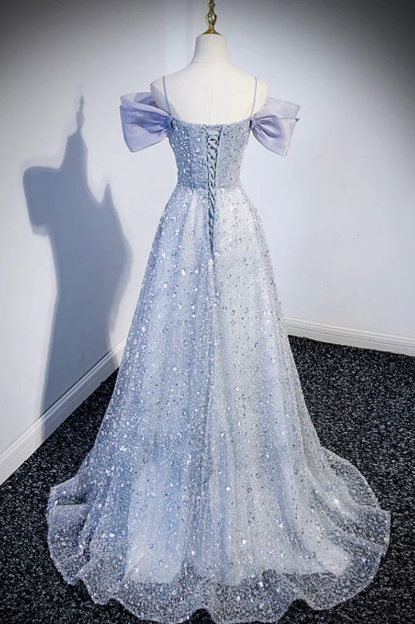 Gray Tulle Beaded Long Prom Dress Off the Shoulder Evening Dress with Bow