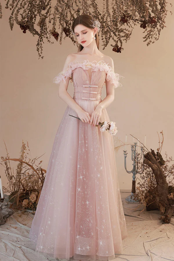 Pink Off the Shoulder Tulle Prom Dress Pink Long Formal Dress