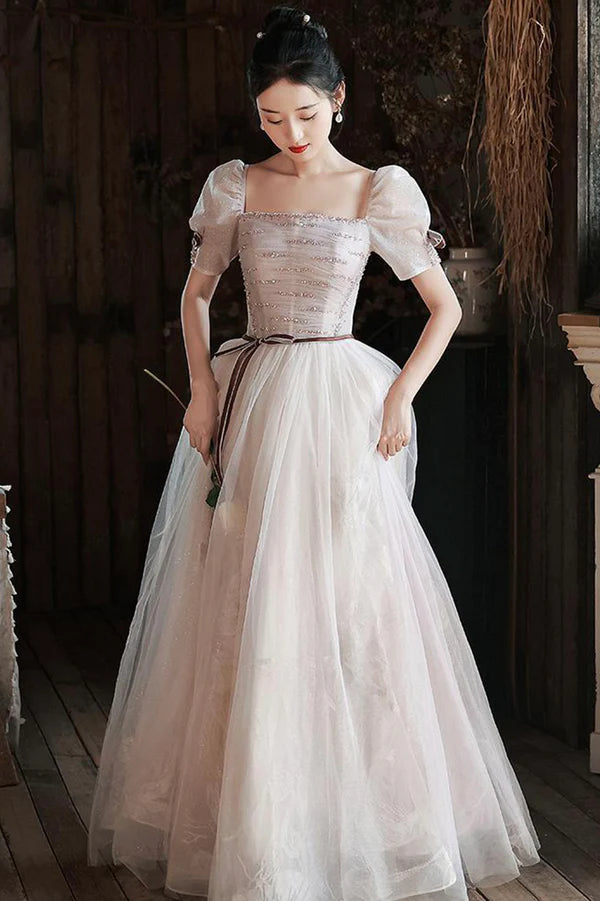 Lovely Tulle Sequins Long Prom Dress A-Line Short Sleeve Evening Dress