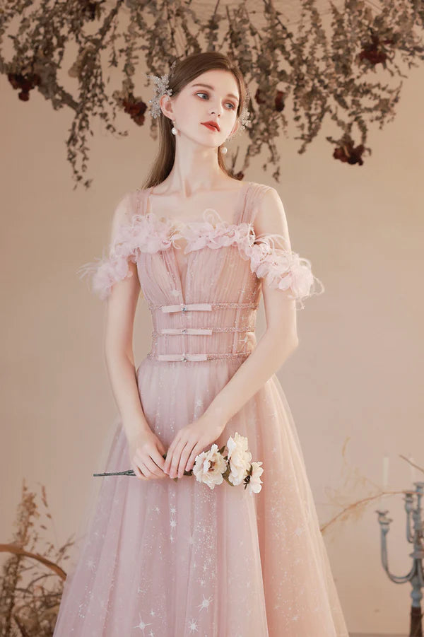 Pink Off the Shoulder Tulle Prom Dress Pink Long Formal Dress