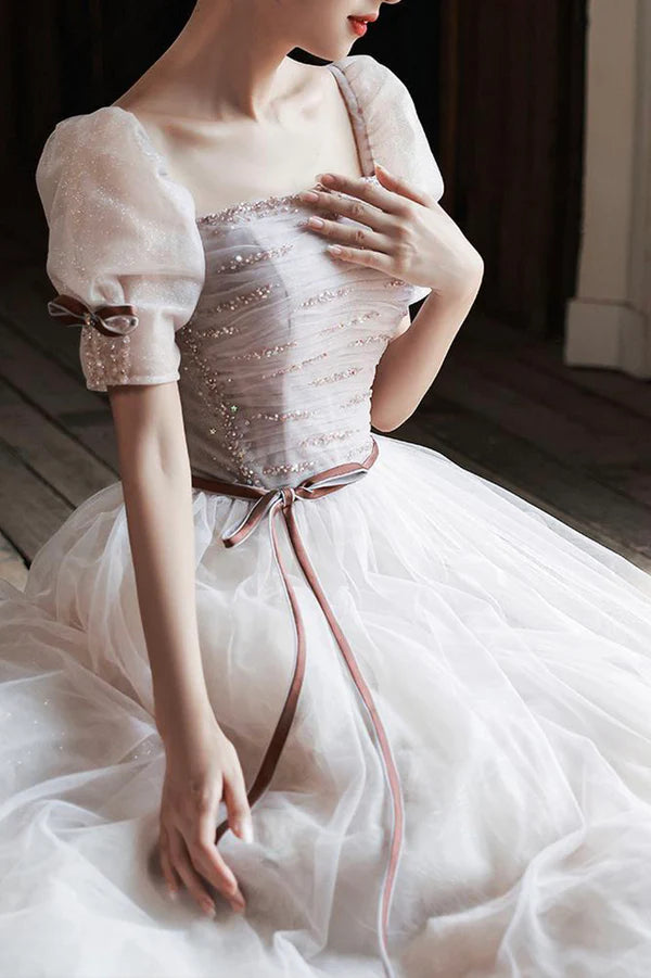 Lovely Tulle Sequins Long Prom Dress A-Line Short Sleeve Evening Dress