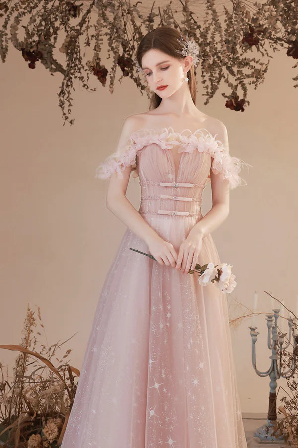 Pink Off the Shoulder Tulle Prom Dress Pink Long Formal Dress
