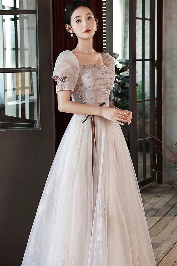 Lovely Tulle Sequins Long Prom Dress A-Line Short Sleeve Evening Dress