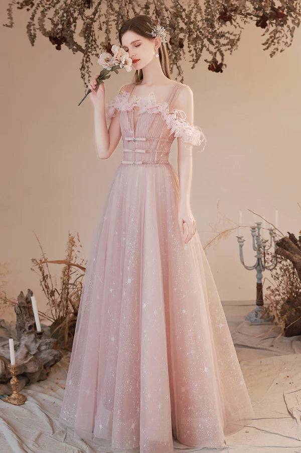 Pink Off the Shoulder Tulle Prom Dress Pink Long Formal Dress