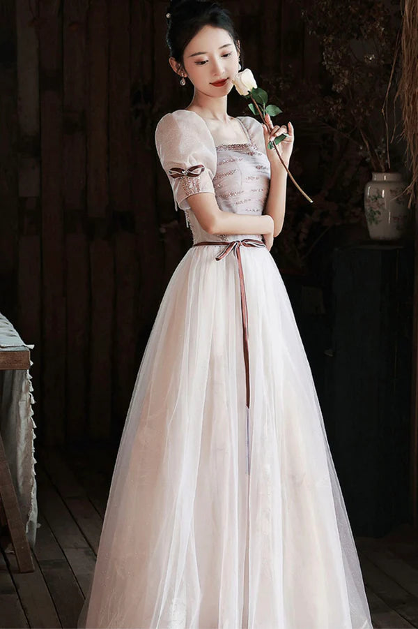 Lovely Tulle Sequins Long Prom Dress A-Line Short Sleeve Evening Dress