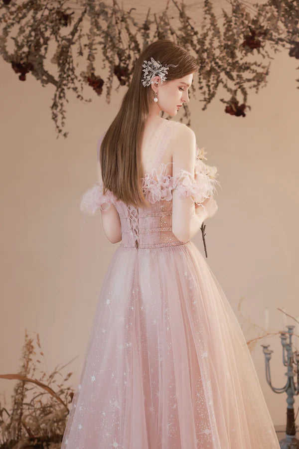 Pink Off the Shoulder Tulle Prom Dress Pink Long Formal Dress