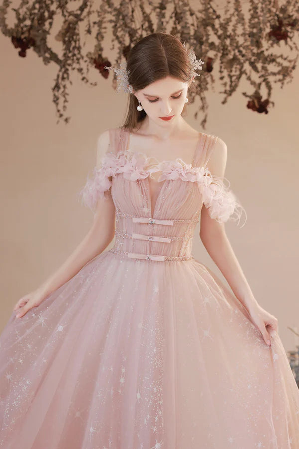 Pink Off the Shoulder Tulle Prom Dress Pink Long Formal Dress