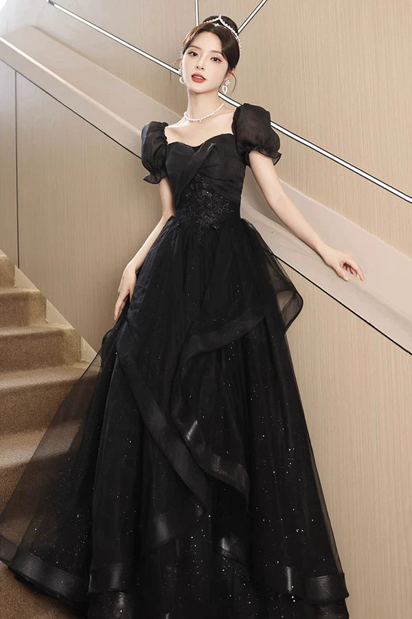 A-Line Tulle Lace Short Sleeve Prom Dress Lovely Floor Length Evening Party Dress
