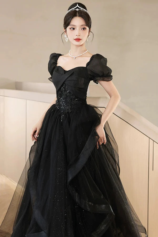 A-Line Tulle Lace Short Sleeve Prom Dress Lovely Floor Length Evening Party Dress