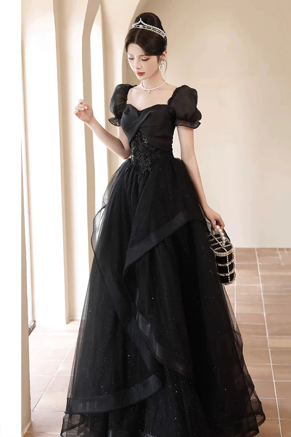 A-Line Tulle Lace Short Sleeve Prom Dress Lovely Floor Length Evening Party Dress