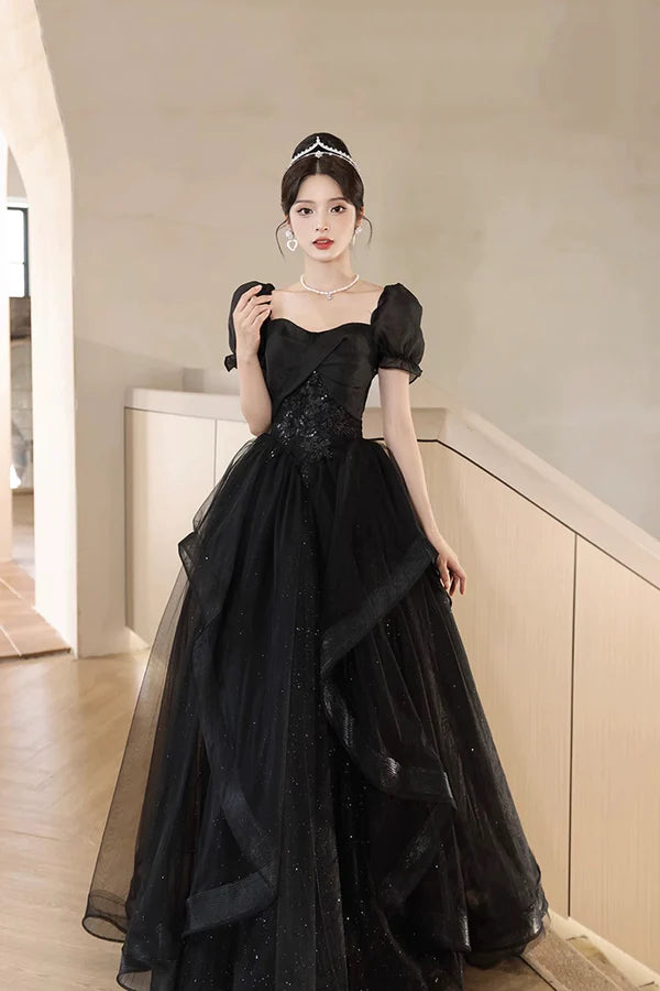 A-Line Tulle Lace Short Sleeve Prom Dress Lovely Floor Length Evening Party Dress