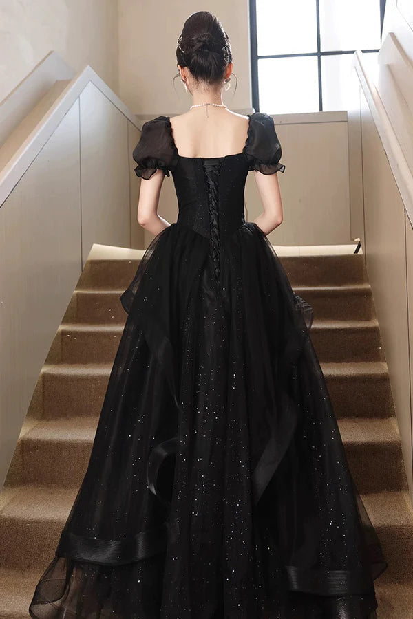 A-Line Tulle Lace Short Sleeve Prom Dress Lovely Floor Length Evening Party Dress