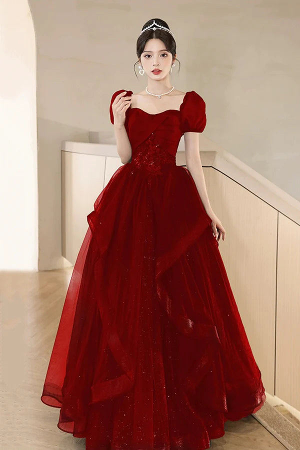 A-Line Tulle Lace Short Sleeve Prom Dress Lovely Floor Length Evening Party Dress