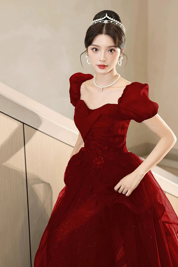 A-Line Tulle Lace Short Sleeve Prom Dress Lovely Floor Length Evening Party Dress