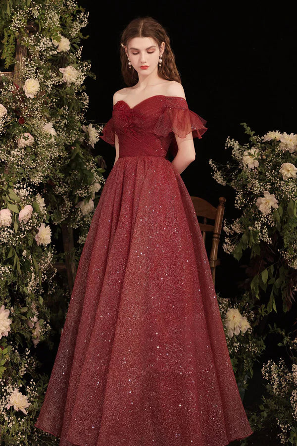 Burgundy Shiny Tulle Long Prom Dress Burgundy Evening Party Dress