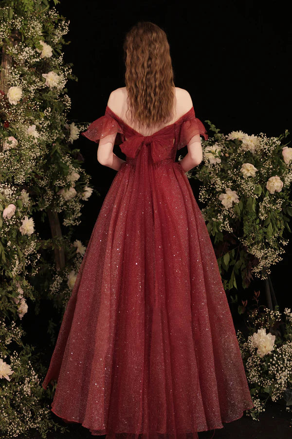 Burgundy Shiny Tulle Long Prom Dress Burgundy Evening Party Dress