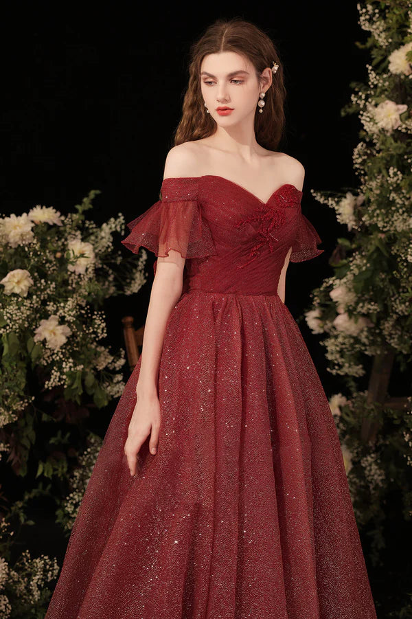 Burgundy Shiny Tulle Long Prom Dress Burgundy Evening Party Dress