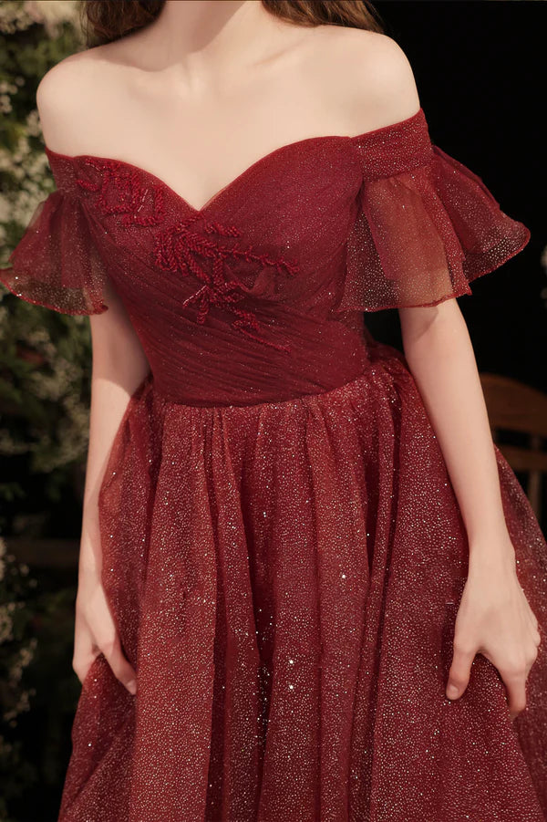 Burgundy Shiny Tulle Long Prom Dress Burgundy Evening Party Dress