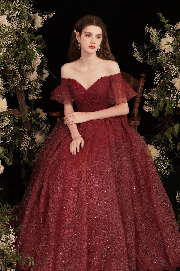 Burgundy Shiny Tulle Long Prom Dress Burgundy Evening Party Dress