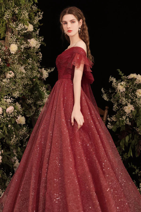 Burgundy Shiny Tulle Long Prom Dress Burgundy Evening Party Dress