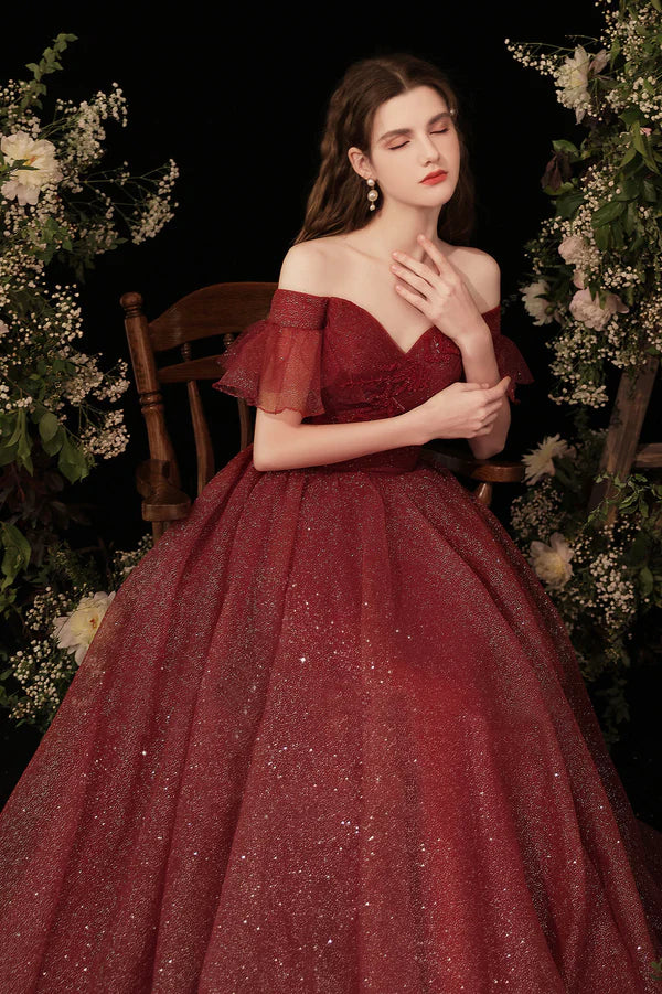 Burgundy Shiny Tulle Long Prom Dress Burgundy Evening Party Dress