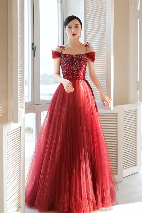 Burgundy Tulle Beaded Long Formal Dress Spaghetti Straps A-line Prom Dress