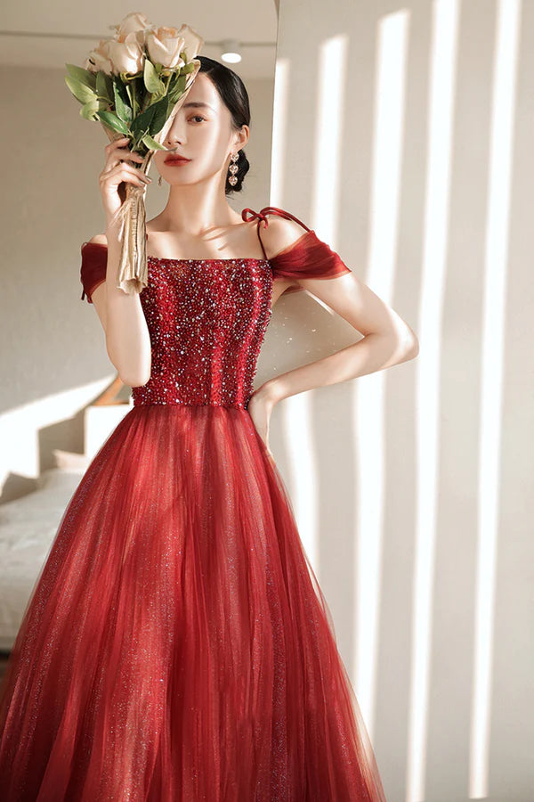 Burgundy Tulle Beaded Long Formal Dress Spaghetti Straps A-line Prom Dress