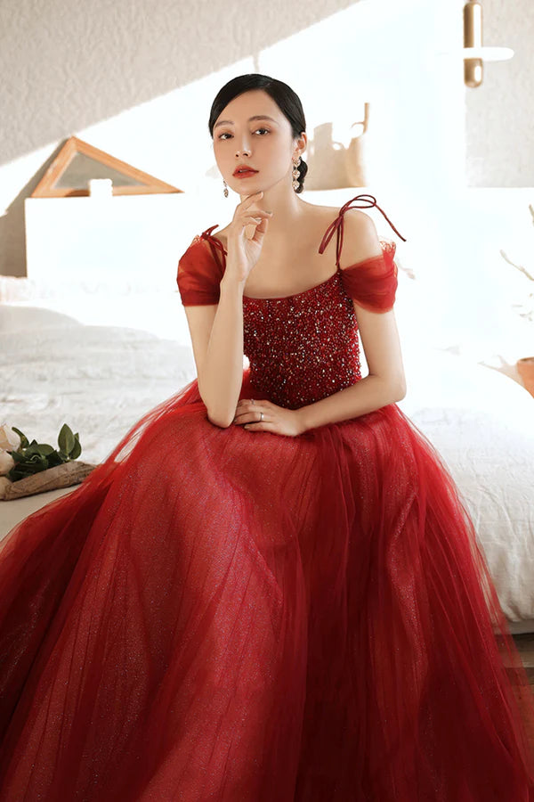 Burgundy Tulle Beaded Long Formal Dress Spaghetti Straps A-line Prom Dress