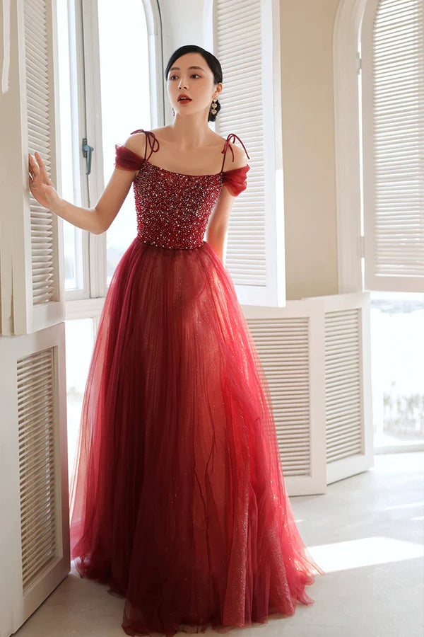 Burgundy Tulle Beaded Long Formal Dress Spaghetti Straps A-line Prom Dress