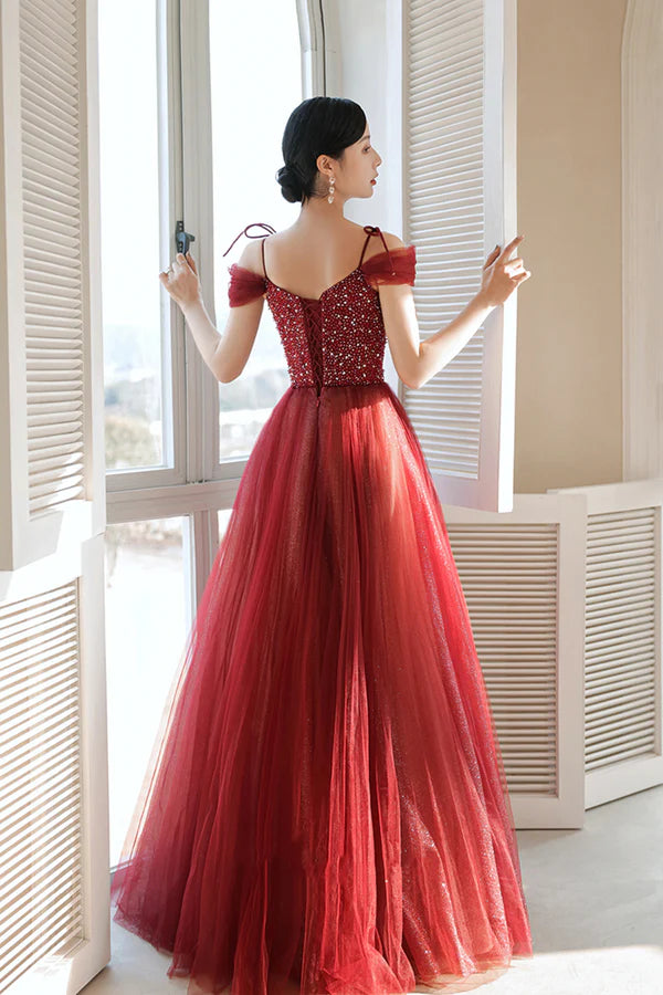 Burgundy Tulle Beaded Long Formal Dress Spaghetti Straps A-line Prom Dress