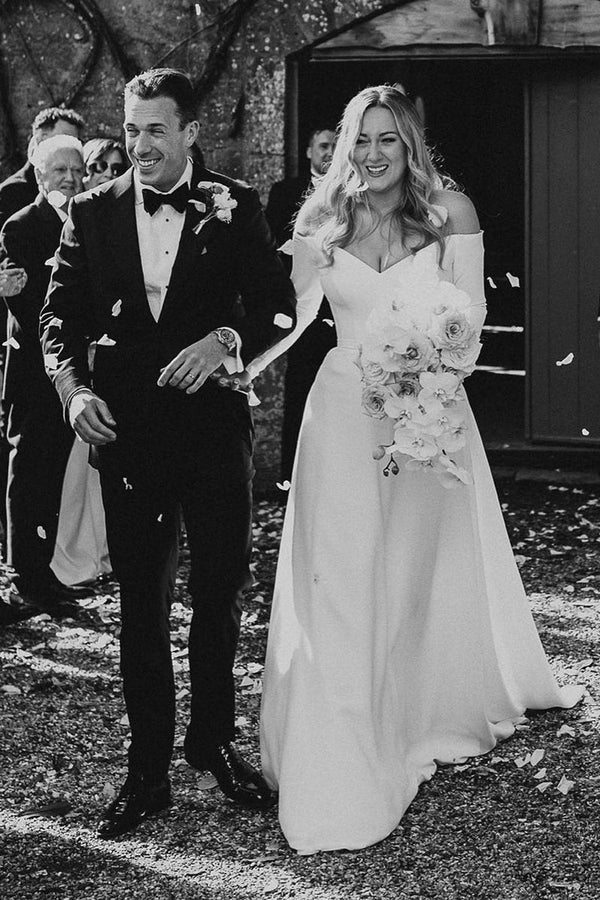 Buyishang Simple A-Line Off the Shoulder Long Sleeves White Satin Wedding Dresses