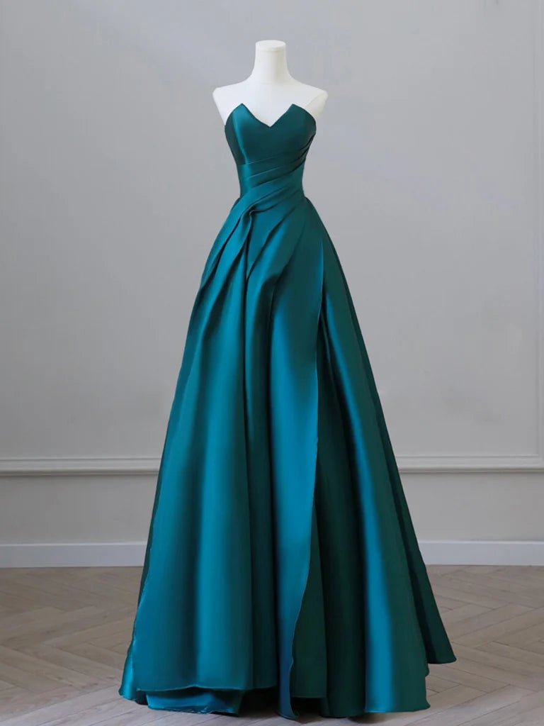 Buyishang A-Line Strapless Satin Peacock Blue Long Prom Dress Simple Peacock Blue Evening Dress