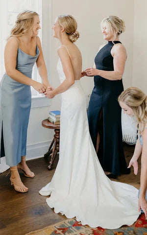 Buyishang Sexy Plunging Neckline Mermaid Satin Wedding Dress With Sweep Train